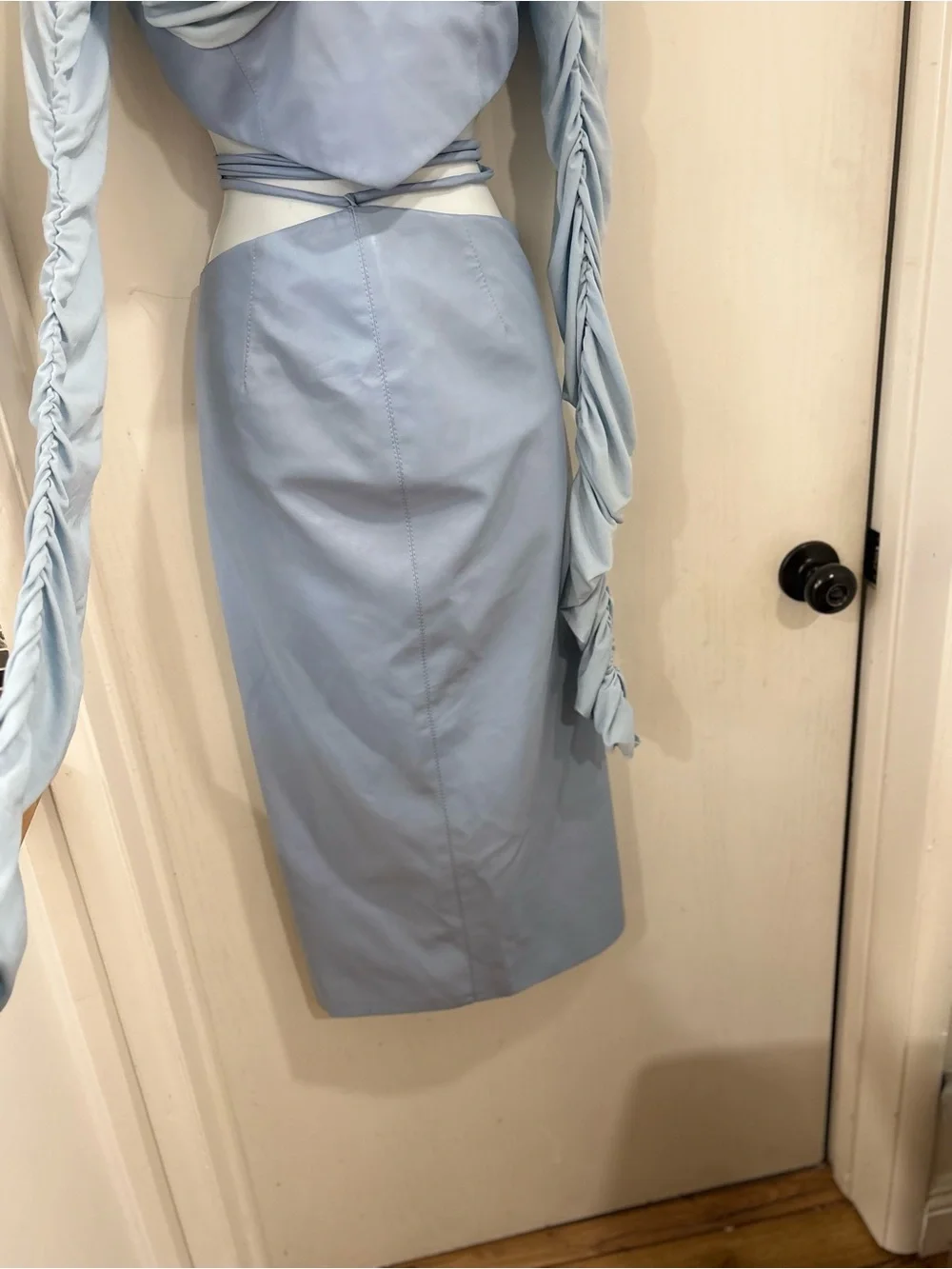 Women’s Light Blue Faux Leather Skirt Set with High Slit with matching top